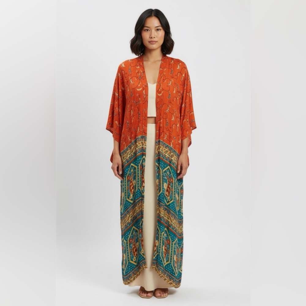 ARNHEM Beautiful Kimono Duster Orange Yellow Flowers size Small